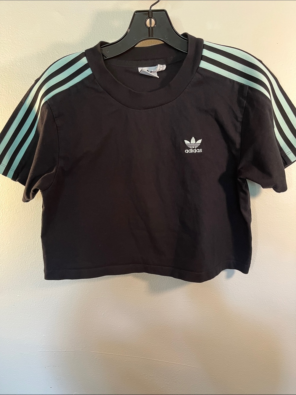 adidas Black Cropped Tee with Mint Green Shoulder Stripes